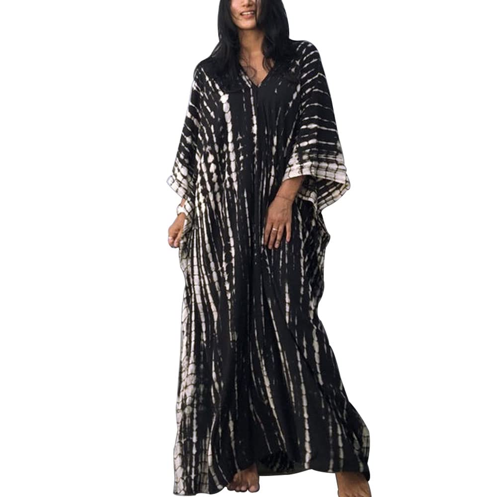Lazz1on Mujer Kaftan Vestido de Playa Largo Boho Maxi Túnica Pareo Camisola Verano Traje de Baño Bikini Cover Up Talla Grande