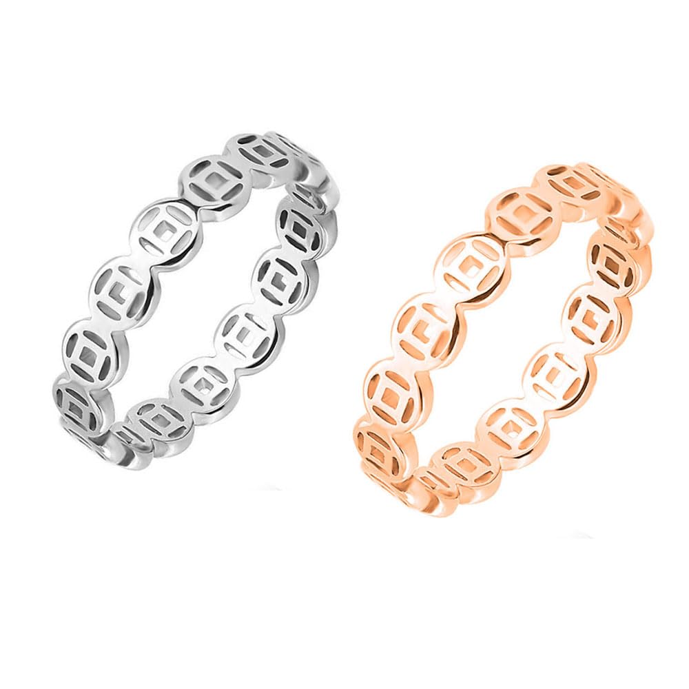 HUASAIFeng Shui Ring Copper Coin Ring Set for Men Women Lucky Wealth Money Ring Trendy Rose Gold Finger Ring Sliver Band Ring Lucky Jewelry for Business Men 6-9 Size