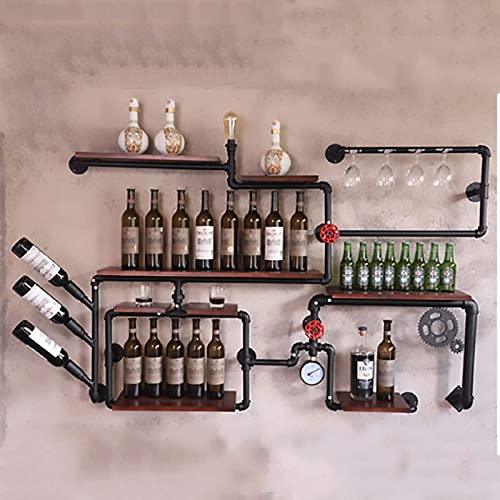 FCXBQ Casiers à vin industriels Tuyau Mural Porte-Verre en Fer 28 Bouteilles Accessoires de vin Suspendus en métal Rustique Rangement pour Bouteilles Étagères en Bois Rangement Mural pour Salon CU - Image 8