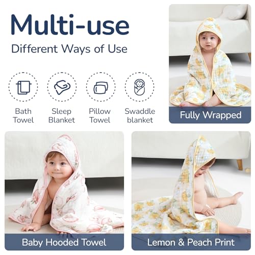 Image of Baby Hooded Towel 2 Pack, Ultra Absorbent & Soft Muslin Baby Towel - 32 x 32 Inches, Baby Bath Towel for Newborns, Infants & Toddlers, Ideal for Bath Time, Pool & Beach