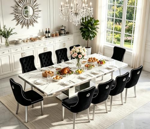 Image of 11-Piece Faux Marble Dining Table Set for 10, 63-94.5 inch Extendable Kitchen Table Set with 10 Black Tufted Chairs Large Expandable Dining Room Table for 6 8 10 with Mirrored U-Shape Base