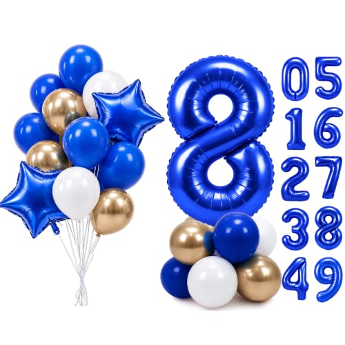 Image of PartyWoo Royal Blue Number 8 Balloon 40 Inch 25pcs Blue Star White Gold