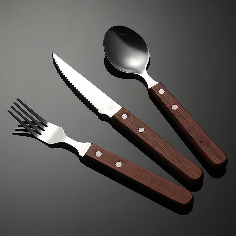 Creative Two Nail Square Wooden Handles 12 Pieces - Silverware Cutlery Set for 4 People, 304 Stainless Steel Steak Knives, Forks And Spoons Three Piece Cutlery - Dishwasher Safe (Wooden handle A)