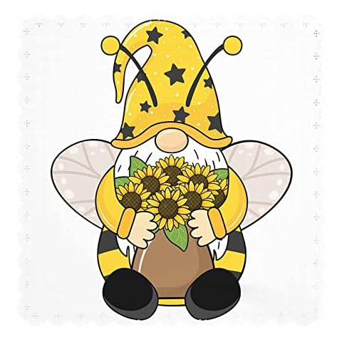 Mxocom Fall Cloth Napkins Set of 4 Sunflower Cute Gnome Bee Wings Bouquet in A Vase Cartoon Fun Napkins Cloth Washable for Home, Parties, Weddings and Banquet 18 x 18 Inch Cover