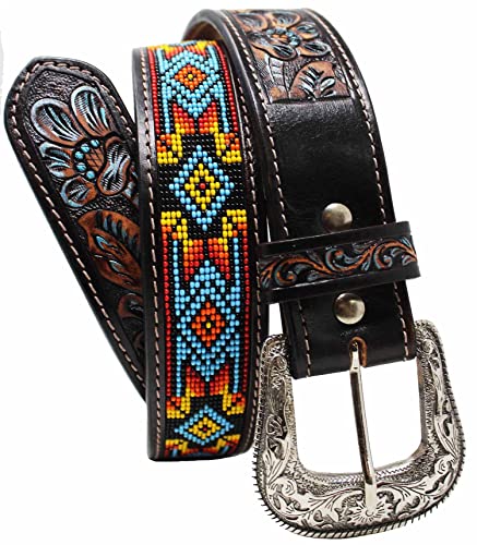 Western Antique Floral Tooled Beaded Full-Grain Leather Belt 26FK312