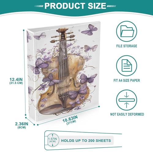 Image of 3 Ring Binder Violin Butterfly Music 1.5 inch Binders Three Ring Binders with Clipboard Fit 8.5'' x 11'' Paper 3 Interior PVC Clear Pockets for Office Supplies