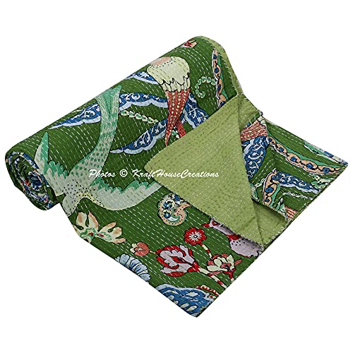 KHC Couvre-lit Kantha vert en coton pour lit queen size 228 x 274 cm Cover