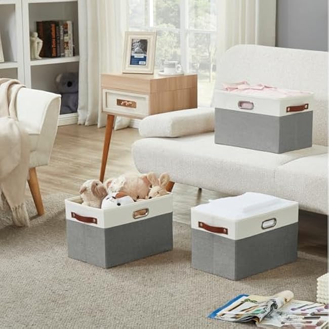 Large Collapsible Fabric Storage Bins with 3 Handles, Foldable Organizer Baskets for Closet, Shelves, Living Room | 3 Pack, Durable PU & Metal Handles (14.9x9.8x9.8, Gray & White)