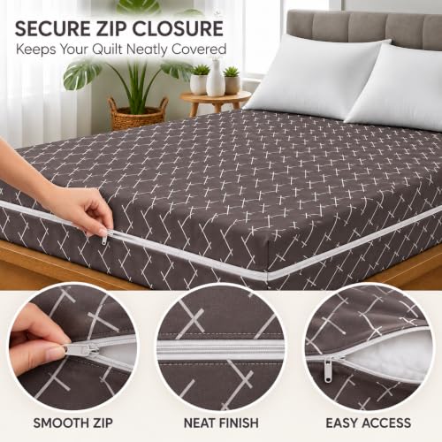 Image of Super Premium Quilt Cover Double Bed with Zipper Blanket Cover /rajai Cover /Comforter Cover /Duvet Cover King Size Soft Cotton Breathable Skin Friendly Stuff 90x100 Inches, Color- Brown White