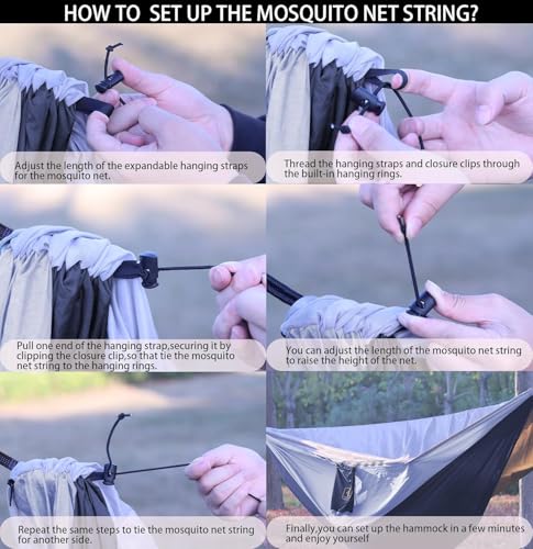 Image of Camping Hammock with Mosquito Net,Lightweight 210T Nylon Hammocks,Portable Hammock with 10ft Tree Straps,Camping Gear Must Haves for Travel Hiking Backpacking Beach Patio-Black&Grey