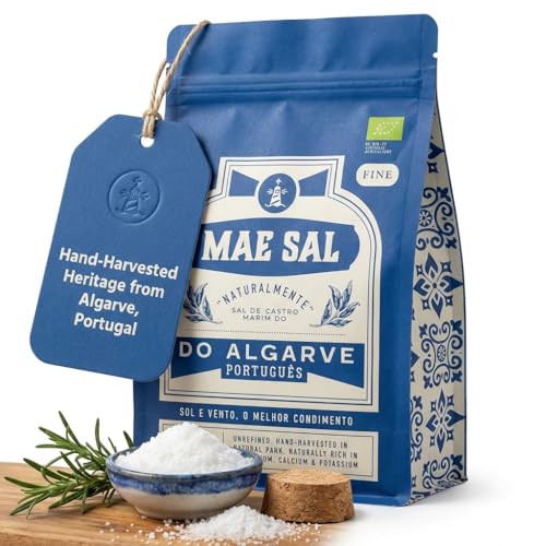 Mae Sal Organic Fine Sea Salt | Hand-Harvested in Algarve Portugal | 100% Natural Unrefined & Mineral Rich (Magnesium Potassium) | Everyday Cooking Baking & Seasoning | 500g Resealable Pack