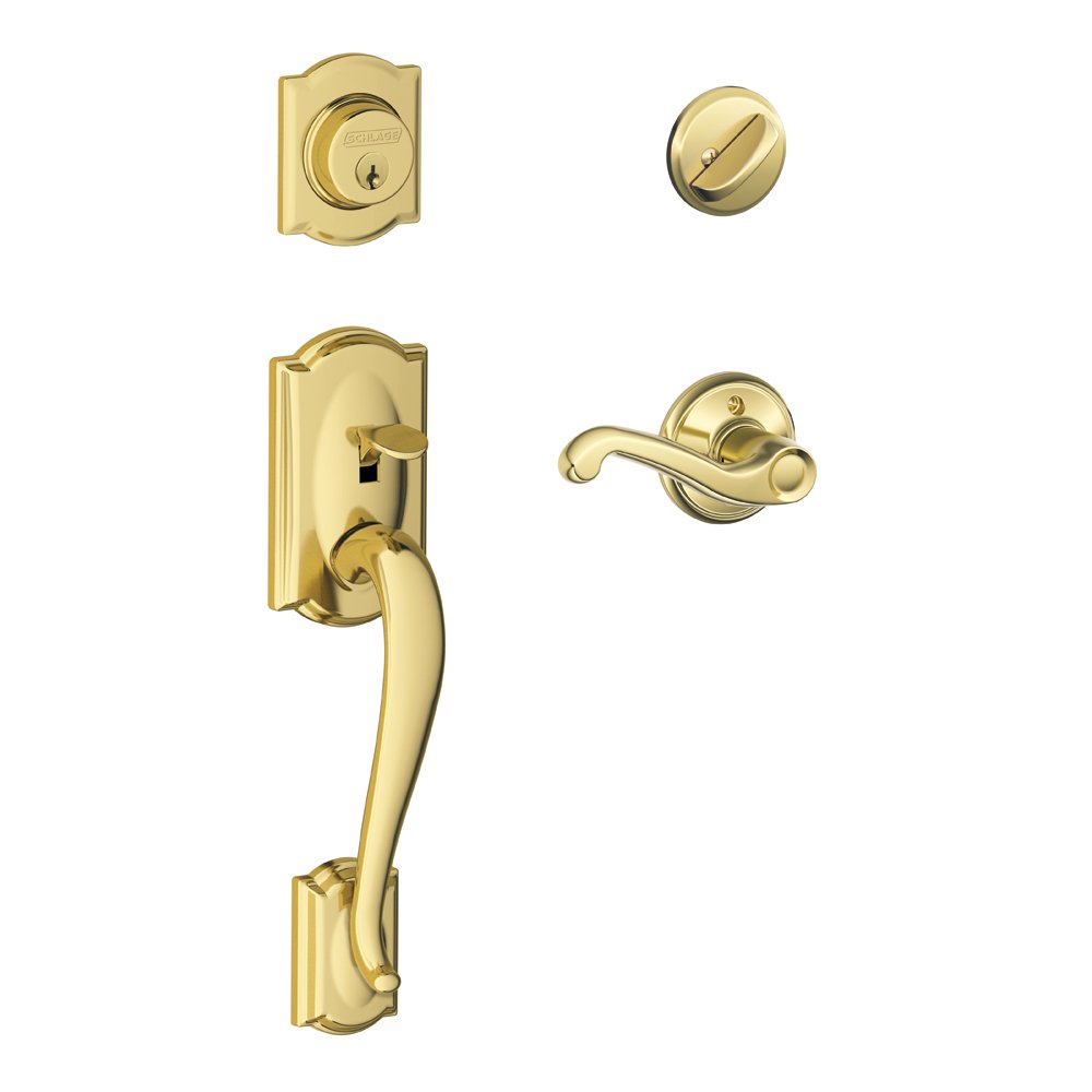 SCHLAGE Camelot zestaw klamek z pojedynczym cylindrem i dźwignią prawą ręką, jasny mosiądz (F60 CAM 505 FLA 605 RH)