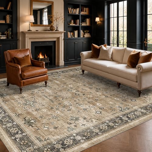 Vintage Taupe Sage 6x9 Rug for Living Room - Washable Dining Room Rugs for Under Table, Low Pile Non-Slip Carpet for Bedroom - Natural Earthy & Boho Eclectic Home Decor