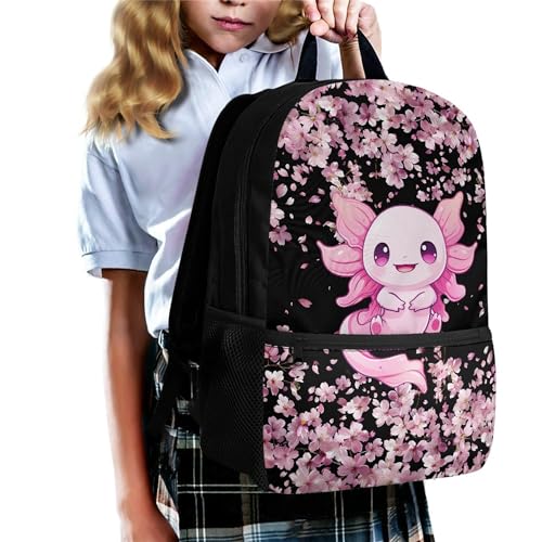Yzaoxia Axolotl School Backpack for Girls Pink Kids Girls School Bags 10-12 Years Old Cherry Blossom Bookbags with Adjustable Straps3