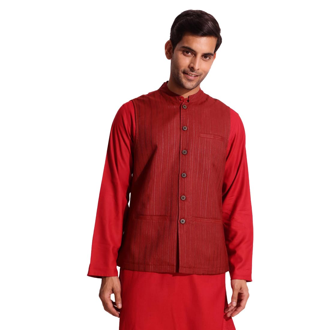 fabindia Men Viscose Blend Red Striped Chinese Collar Regular Fit Nehru Jacket-picture-14