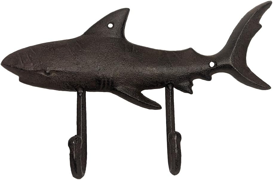 Treasure Gurus Cast Iron Double Shark Hooks Wall Mount Key Ring Coat Rack Bathroom Towel Hook Beach Decor
