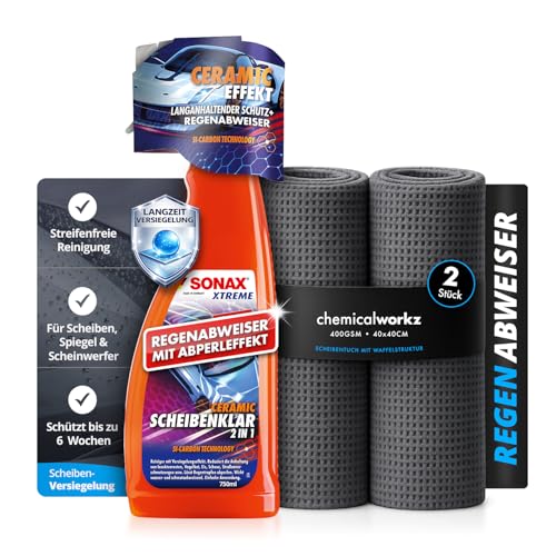 Auto Glasreiniger und Versiegelung Set: SONAX XTREME Ceramic ScheibenKlar 2in1 Glasversieglung 750ml + 2x Glasreinigungstücher | Scheibenreiniger Außen mit Abperleffekt für Autoscheiben