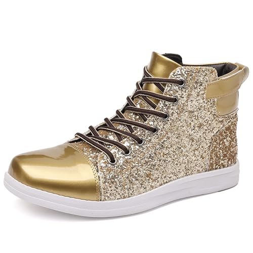 Trsorini Mens Glitter Shoes Sparkly High-top Sneakers Bling Sequin Shiny Men Lace-up Shoes
