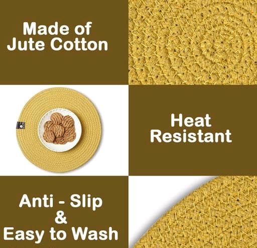 Image of Cotton Rope Placemats, Round Red with White Border, Set of 4, Heat Resistant Table Mats (Yellow)