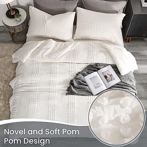 Enjohos White Queen Comforter Set - Boho Bedding Sets Queen For Teen Girls, 3 Pcs Tufted Comforter With Pom Pom Design For All Season, Lightweight Soft Microfiber Cooling Comforter With 2 Pillow Cases #TOP2