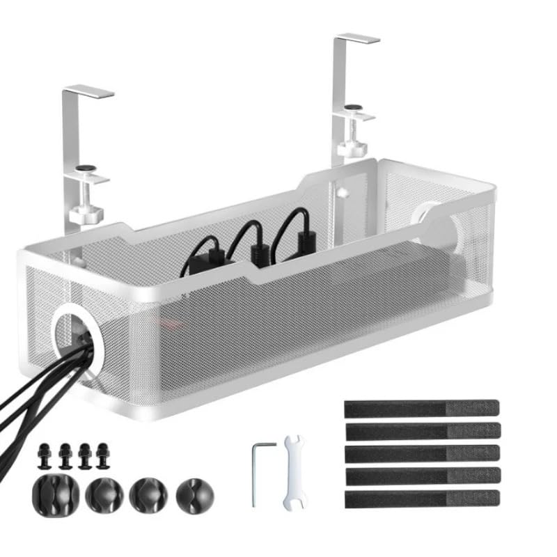 Organizador Cables Escritorio Bajo Mesa – Bandeja Organizadora de Cables Metálica sin Taladro para Regletas y Cargadores – Soporte Cable Management Oficina y Home Office (Blanco)
