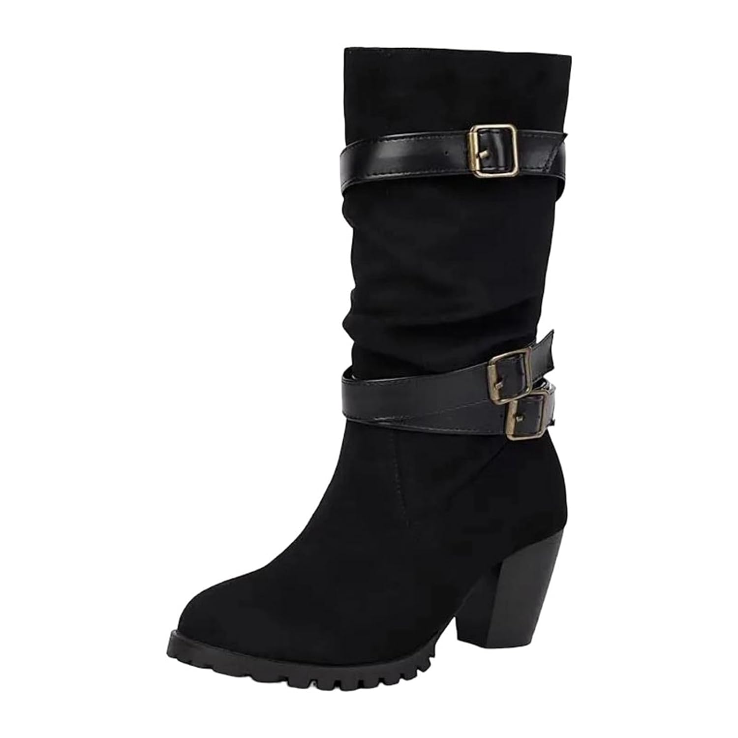 Womens Boots Simple Mid-Calf Slip-On Boots With A Round Toe High Block Heel And A Subtle Pleated Design