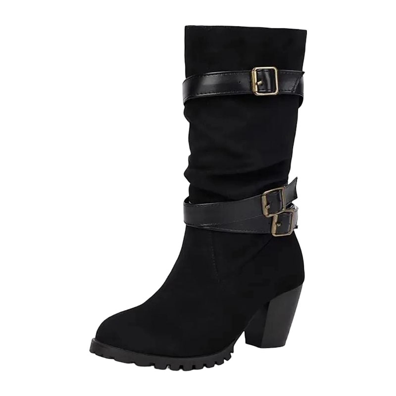 Womens Boots Simple Mid-Calf Slip-On Boots With A Round Toe High Block Heel And A Subtle Pleated Design