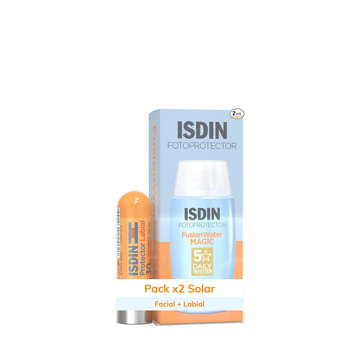 ISDIN Set Fusion Water MAGIC SPF 50 (50 ml) + balsamo per labbra SPF 30 (4 g), protezione solare ultra leggera per viso e labbra, a base d'acqua, non brucia negli occhi