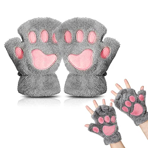 EQLEF® Une paire de femmes gris ours en peluche Cat Paw Claw moitié gant doigt Soft Winter Gants Cover