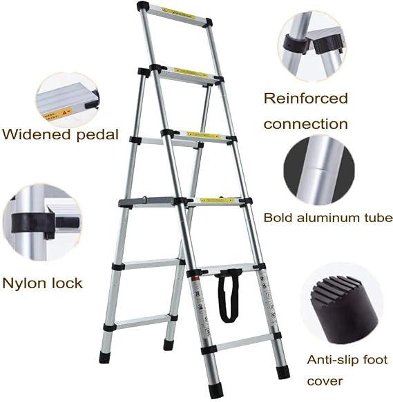 DICN 4+5 Steps Ladder, Telescoping Ladder Folding Step Ladder, Aluminum Portable Collapsible Ladder, 330 LBS Capacity Multi-Use Ladders for Home&Kitchen(1.4+1.7m) Aluminium