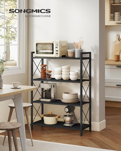 Image of SONGMICS 4-Tier Metal Storage Rack, Shelving Unit with X Side Frames | Dense Mesh, 12.6 x 31.5 x 44.3 Inches, for Entryway, Kitchen, Living Room, Bathroom, Ink Black UBSC184B01
