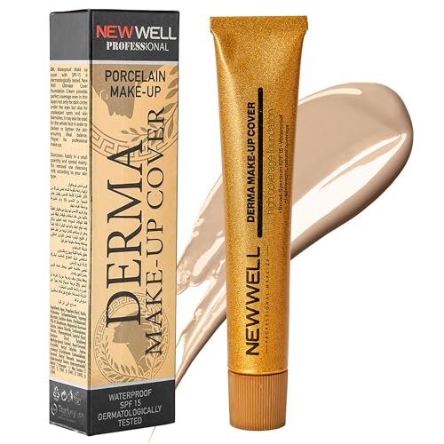 NEW WELL Derma MakeUp Cover Wasserfeste Foundation - Perfekter Teint & hohe Deckkraft - Vegan & natürliche Inhaltsstoffe - Für alle Hauttypen (Gold)