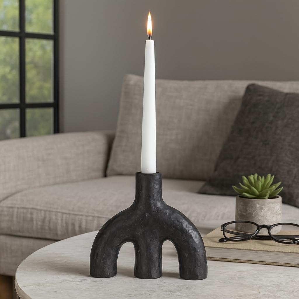 Decorative Double Arched Taper Candle Holder - Unique Volcano Texture Candlestick Holder for Dining Room Table Centerpieces - Modern Candle Stand Holder for Desk, Shelf, or Home Decor - 6" Black