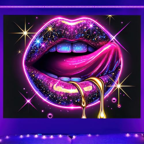 Image of BlissYard Black Light Tapestry Lip Tapestry Glowing 78x59 Inch Home Living Room Bedroom Party Decor Photo Shoot Props Bedroom Neon Wallpaper Poster for University Dormitory