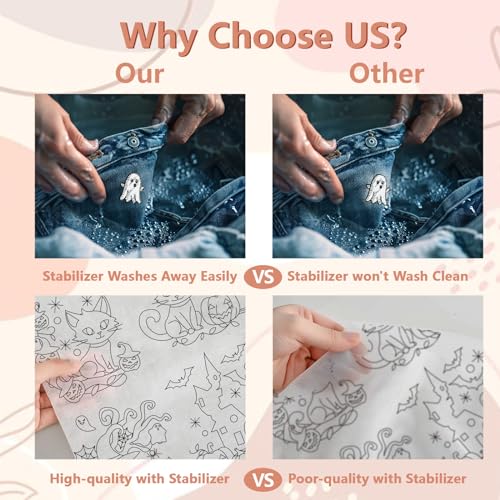 Image of Peacoblue Water Soluble Embroidery Patterns for Beginners Halloween Trees and Castle 4 Sheets with 33pcs Patterns, Wash Away Embroidery Pattern Stabilizer for Hand Sewing Lover Women Adults