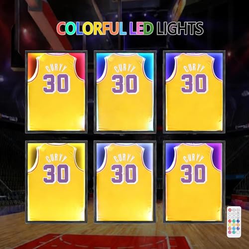 Image of Jersey Frame Display Case with LED for Wall 3-Pack, Large Lockable T-Shirt Shadow Box, Clear UV Protection Acrylic and Hangers for Football Basketball Baseball Soccer Hockey, Matte Black