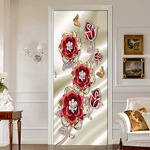 Sticker Porte Poster Mur De Fleurs Rouges 3D Porte Autocollants Peintures Murales Affiches 77X200 Cm