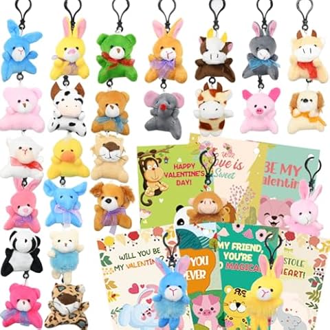 UMEELR 28PCS Valentine's Day Mini Plush Animals Toys, Small Stuffed Animal Keychain Cards for Valentine's Classroom Gift Exchange, Valentines Party Favors Cover