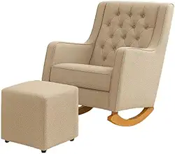 Poltrona Sofá Cadeira Amamentação Balanço Com Puff Pés Madeira Bege