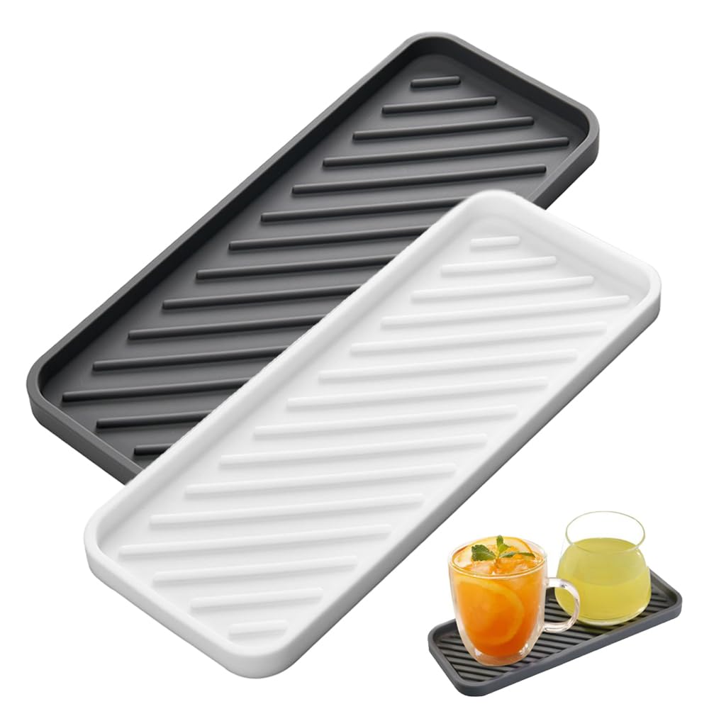 TRKETK 2 Pieces Silicone Organizer Tray, Sponge Holder Bathroom Stand Organizer for Sink Soap Dispenser Travel Soap Holder Tray for Toothbrush (White, Grey)