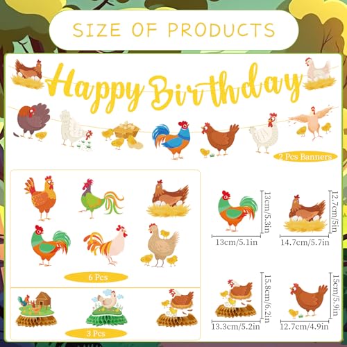 Image of Chicken Birthday Party Decorations, 11PCS Chicken Farm Birthday Party Supplies, Chick Theme Banners Hanging Swirls Honeycomb Centerpieces Decor