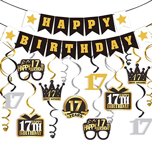 LINGTEER Happy 17th Birthday Decorations Set - 12 Pcs Black & Gold Foil Swirls Streamer with Happy Birthday Bunting Banner,Cheers to Seventeen Years Old Bday Party Gift Decorations Sign.