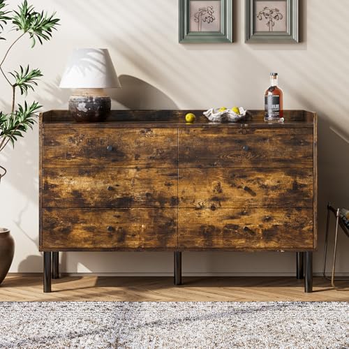 LYNSOM Dresser for Bedroom, 6 Drawer Rustic Brown Dresser with Wide Drawer and Metal Handles, Modern Dressers & Chests of Drawers for Hallway Entryway