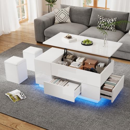kozamas Table basse blanche réglable en hauteur avec LED - 100 x 50 x 45 cm - Table basse brillante avec 2 tiroirs, espace de rangement caché et 2 tabourets...