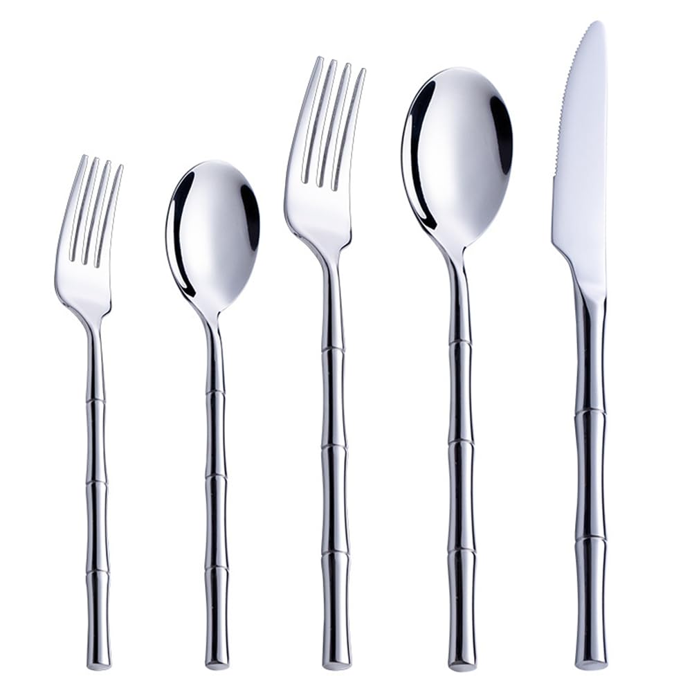 GLETSF Silverware Flatware Cutlery Set, 5/20/30/40/50/60pcs 304 Stainless Steel Cutlery Set Handle Knife, Fork and Spoon Set,Rose Gold-1Set,Silver-6Set