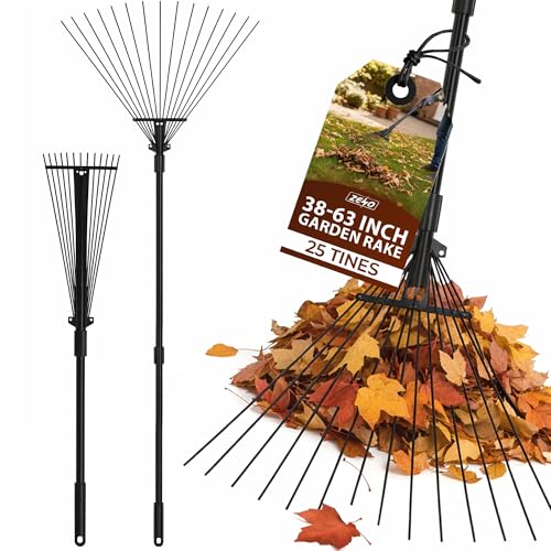 ZENO Garden Rake 25 Tines | Rake for Gardening | 31-67 Inch Adjustable Rakes for Lawns Artificial Grass & Moss | Heavy Duty Metal Tines & Comfortable Handle | Collapsible Garden Rakes | Black