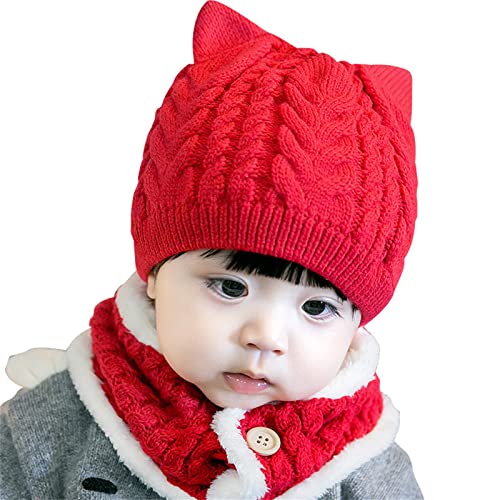 Gorro de invierno para bebé, niño y niña, gorro de gato con bufanda con forro polar, gorro de punto para niños, 2 piezas, rosso, Talla única