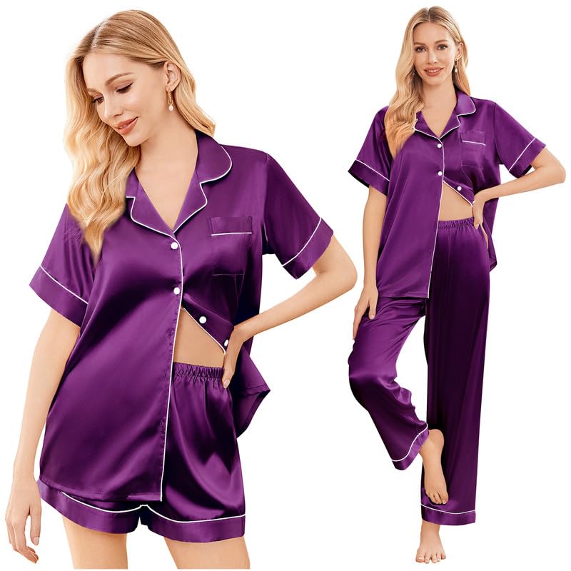 Image of Ekouaer Silk Pajamas for Women Set Satin Soft Short Sleeve Button Down Pjs | 3 Piece Loungewear,Comfy Sleepwear,Silky Smooth Fabric,Gift for wedding,Bridal Party,Coffee Time,Vacation
