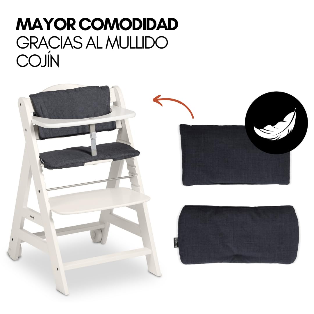 hauck Beta Plus Newborn Set - Trona Evolutiva Madera con Hamaca Bebé Recien Nacido Cojín y Bandeja - Trona Evolutiva Bebe con Ruedas - Silla Evolutiva - Blanco