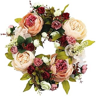 SogYupk Door Wreaths, 30CM Artificial Peony Flower Front Door Wreath for Spring Summer, All Seasons Floral Door Wreath for Farmhouse Office Home Wedding Party Decoration
